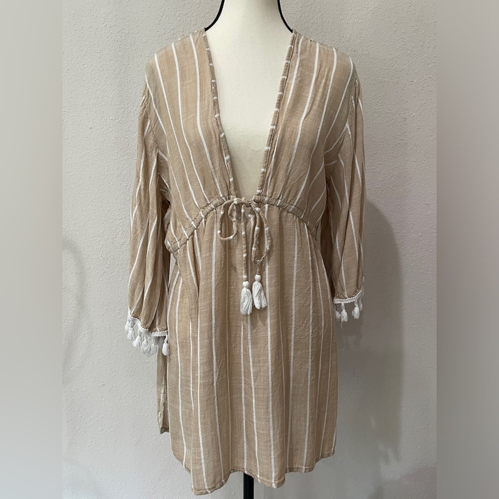 Blue Island Beige and White Striped Cover-Up Size Large